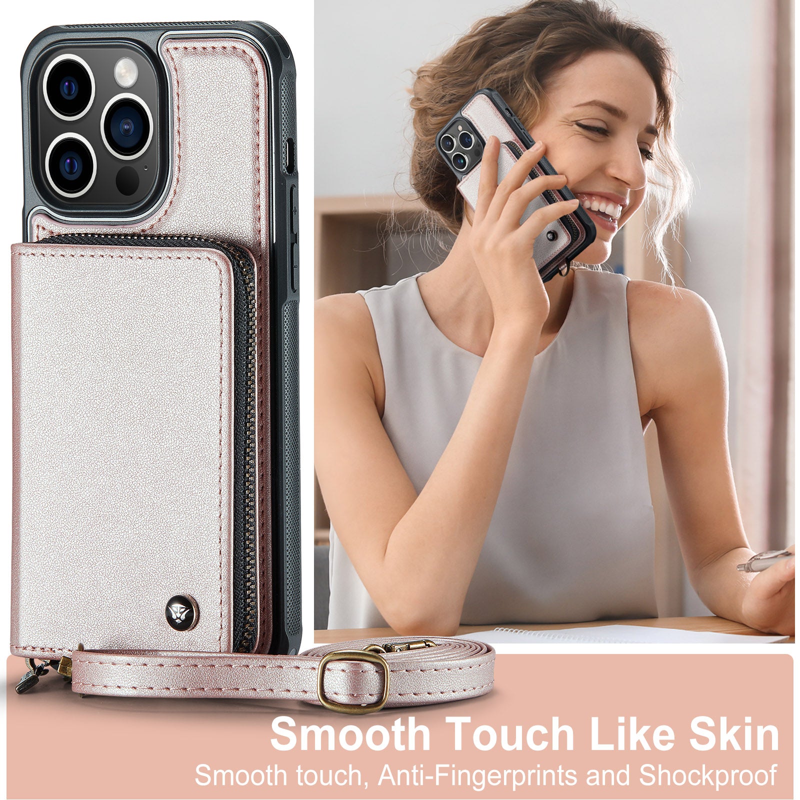 Luxury Leather Wallet Crossbody iPhone Case – Premium MagSafe phone chain & wallet case with card slot, stand function & strap, 360° shockproof protection, slim leather cover, keeps everything organized – perfect for outdoors & workdays