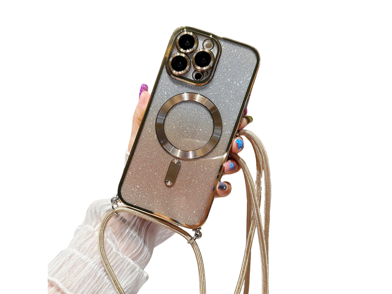 <tc>Coque magnétique de luxe pour iPhone avec bandoulière et paillettes dégradées | Étui MagSafe avec protection d’objectif caméra | Apple iPhone 17/17 Air/16/16e/15/14/13 Pro Max Plus | Étui blindé en TPU souple plaqué, protection haut de gamme</tc>