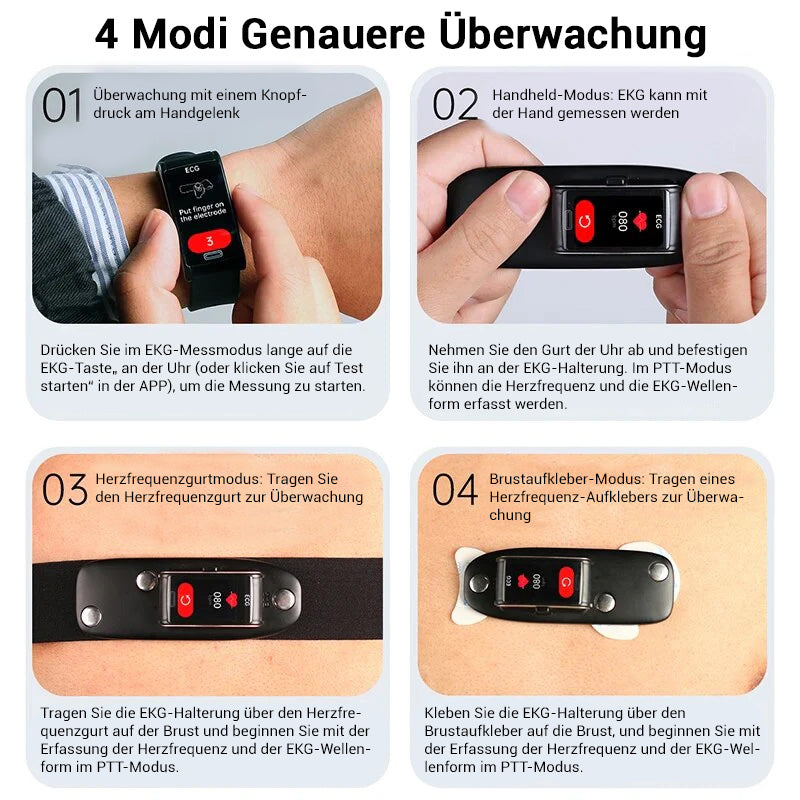 Hochwertiges, nicht-invasives Blutzucker-EKG + PPG Gesundheits-Smart-Armband | IP68 Wasserdichte Sport-Smartwatch für Männer