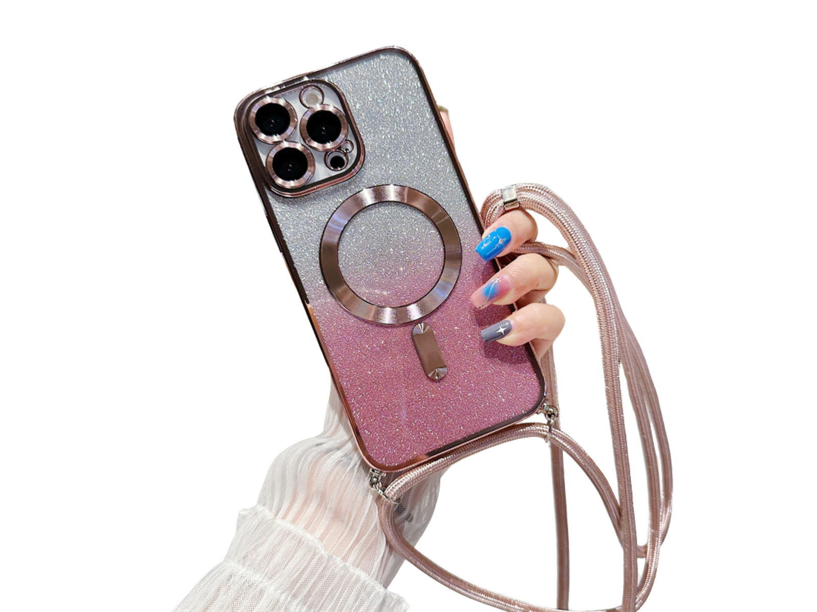 <tc>Coque magnétique de luxe pour iPhone avec bandoulière et paillettes dégradées | Étui MagSafe avec protection d’objectif caméra | Apple iPhone 17/17 Air/16/16e/15/14/13 Pro Max Plus | Étui blindé en TPU souple plaqué, protection haut de gamme</tc>