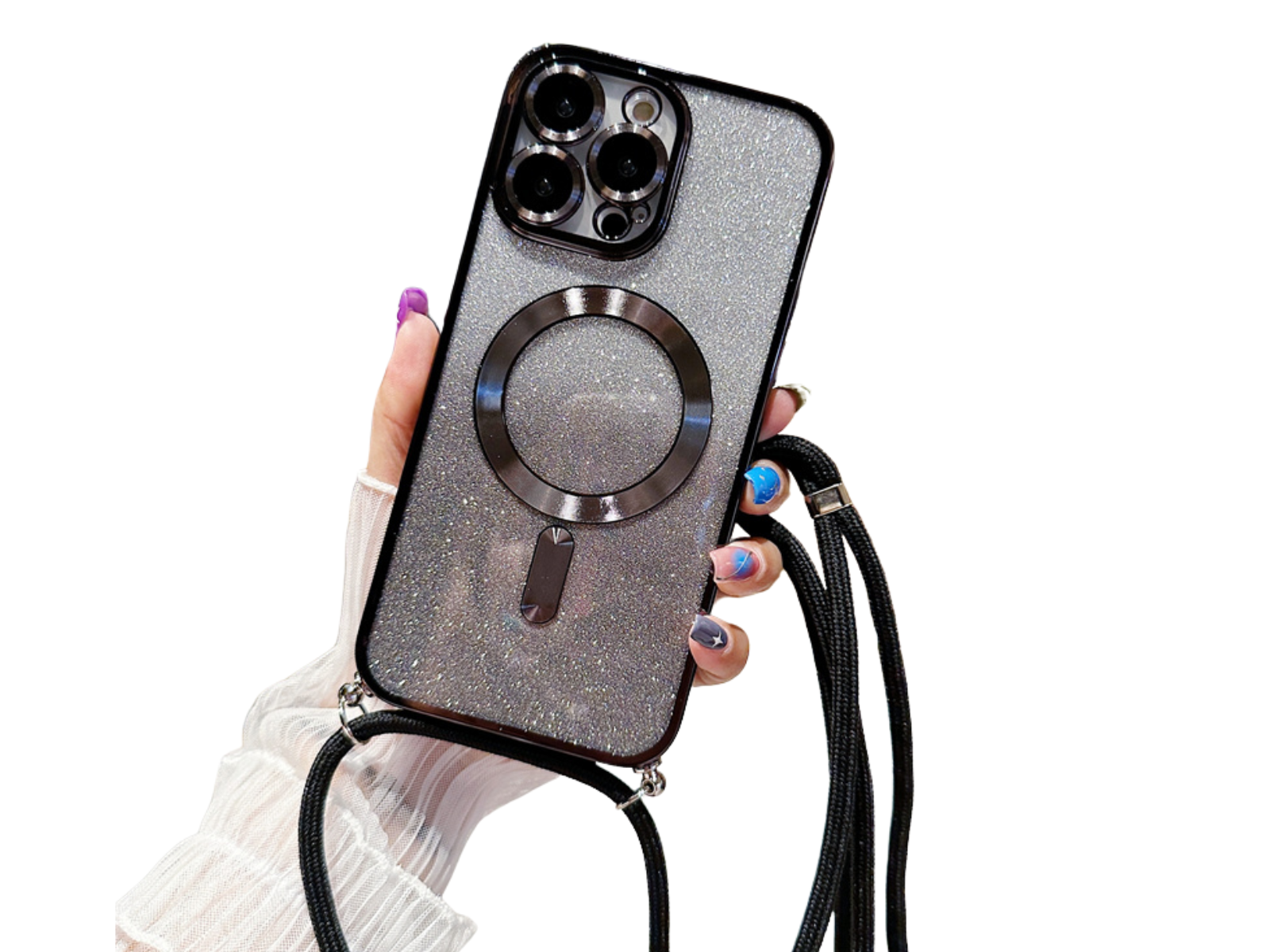 <tc>Coque magnétique de luxe pour iPhone avec bandoulière et paillettes dégradées | Étui MagSafe avec protection d’objectif caméra | Apple iPhone 17/17 Air/16/16e/15/14/13 Pro Max Plus | Étui blindé en TPU souple plaqué, protection haut de gamme</tc>