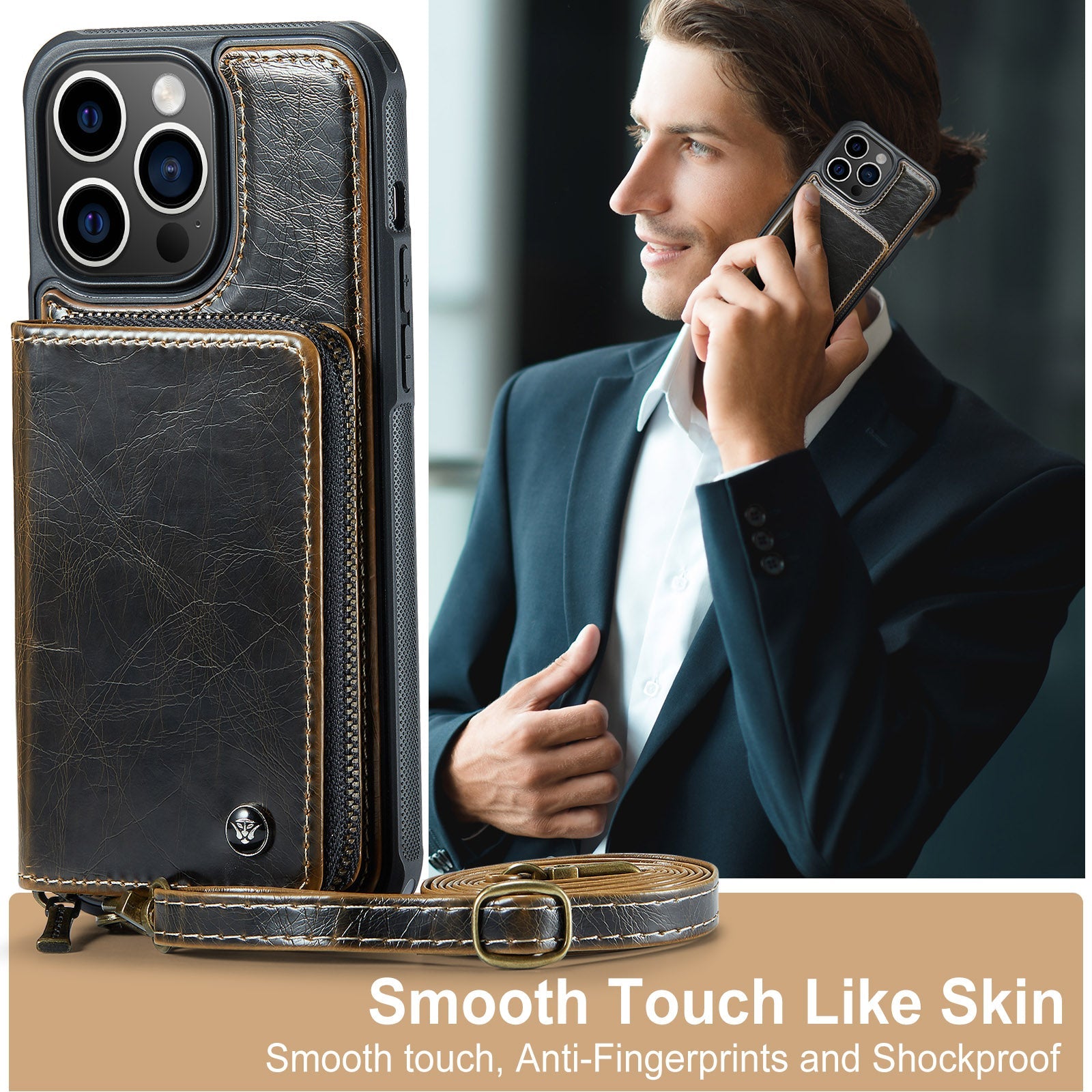 Luxury Leather Wallet Crossbody iPhone Case – Premium MagSafe phone chain & wallet case with card slot, stand function & strap, 360° shockproof protection, slim leather cover, keeps everything organized – perfect for outdoors & workdays