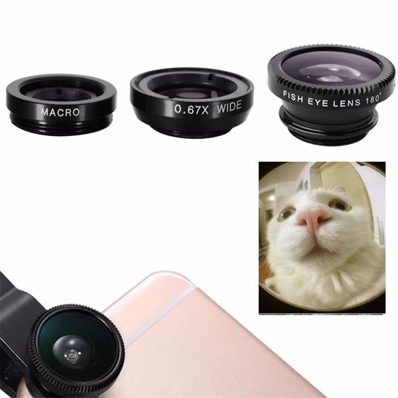 3-in-1 Hochwertiges Fisheye-Telefonobjektiv 0,67X Weitwinkel-Zoom Fish-Makro-Objektiv-Kamera-Kit mit Clip-Objektiv