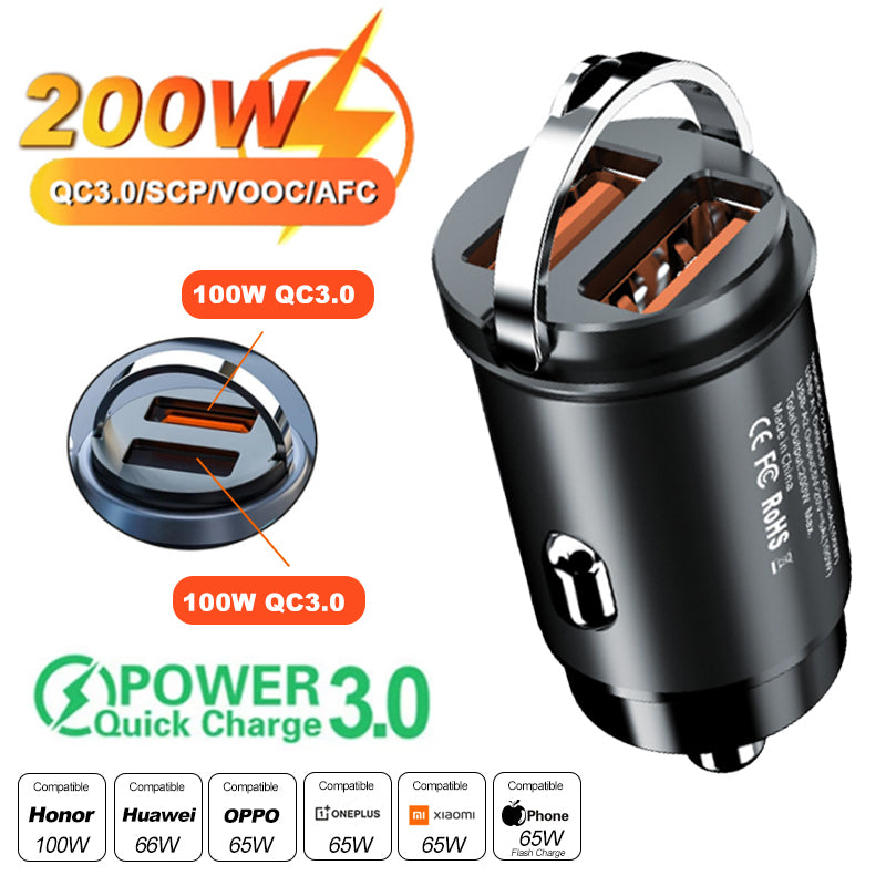 Mini chargeur de voiture 200 W de haute qualité avec fonction de charge rapide pour Apple iPhone 15 14 13 12 11 Pro Max Plus Mini, Android, Xiaomi, Samsung, Huawei | QC 3.0 PD, chargeur de téléphone de voiture USB Type C