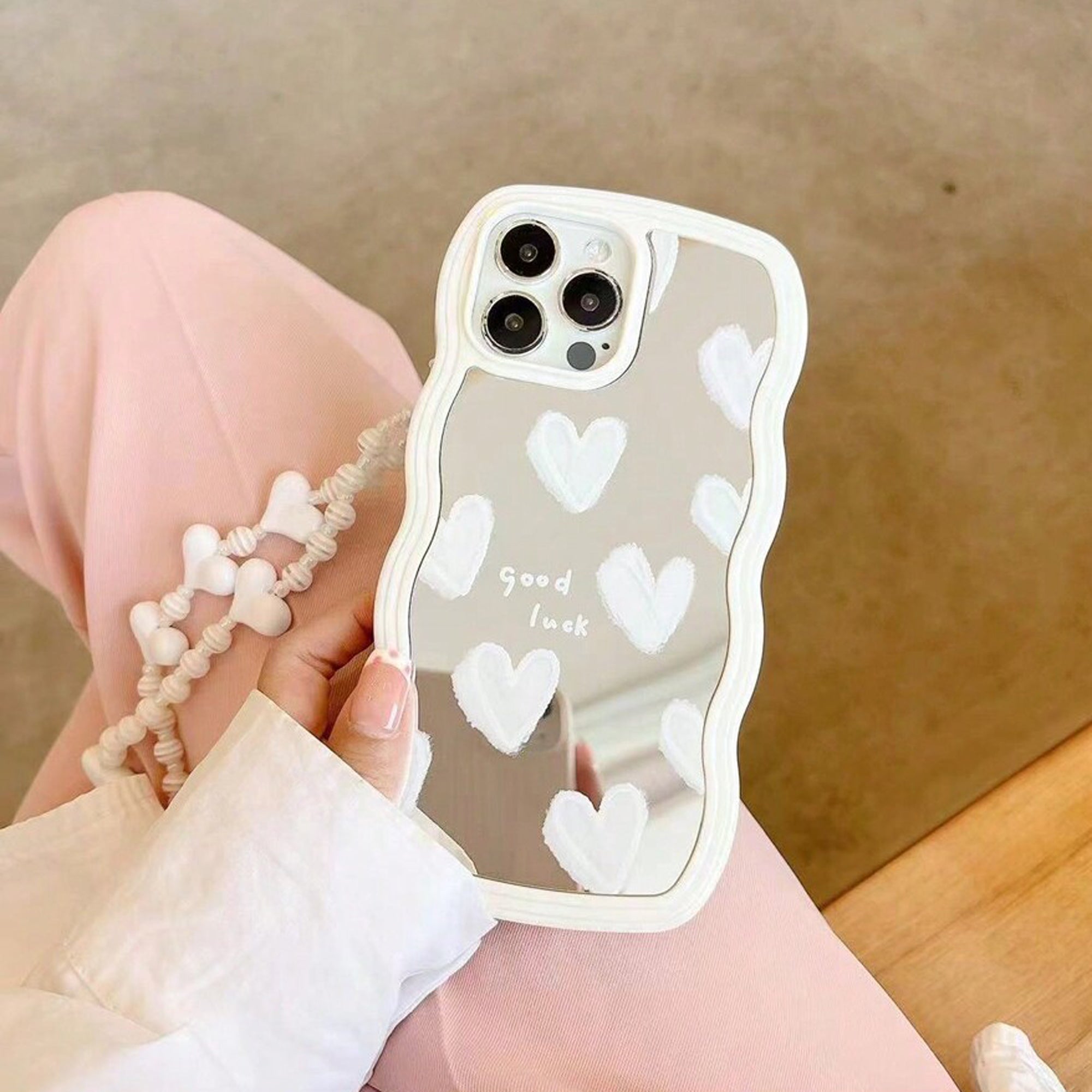 Beautiful White Heart Design Makeup Mirror iPhone Case | MagSafe-Compatible Protective Case with 360-Degree Protection and Camera Lens Cover for Apple iPhone 16/16e, 15, 14, 13, 12 Pro Max, Pro, Plus & Mini Cover | Armor Case and Bumper Cover