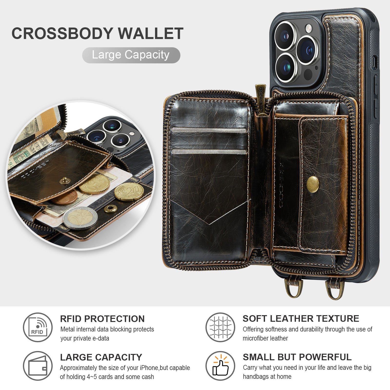 Luxury Leather Wallet Crossbody iPhone Case – Premium MagSafe phone chain & wallet case with card slot, stand function & strap, 360° shockproof protection, slim leather cover, keeps everything organized – perfect for outdoors & workdays