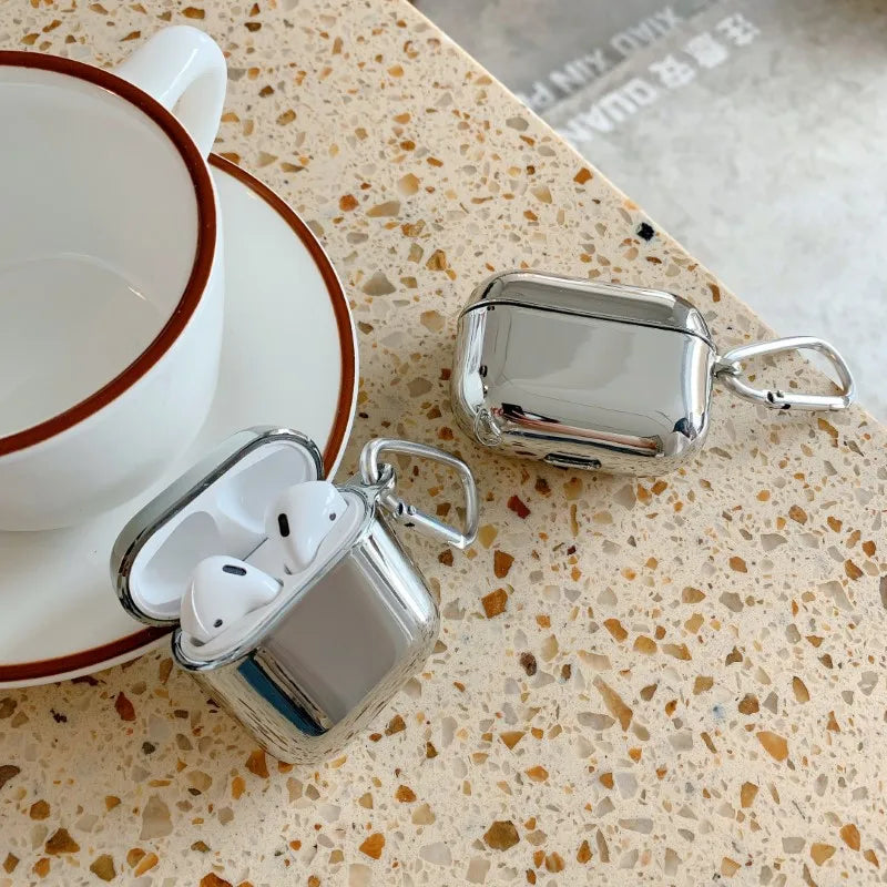 Étui galvanisé de qualité supérieure pour Apple AirPods 1/2/3/Pro | Housse de protection MagSafe Case - Housse en métal argenté avec porte-clés pour AirPods