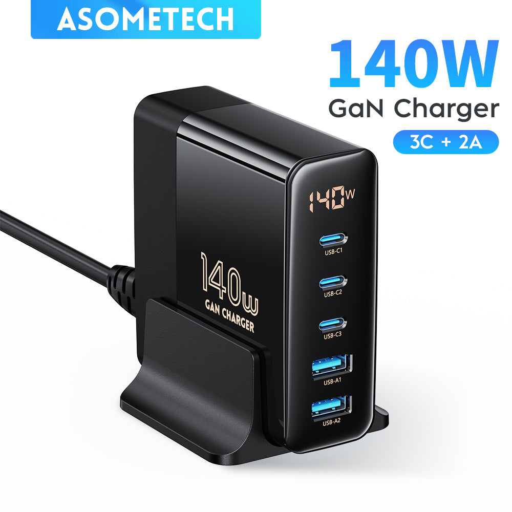 Chargeur rapide GaN 140 W : station de recharge de bureau haut de gamme | Station d'accueil pour station de charge 5 ports USB ASOMETECH | Ordinateur portable, MacBook, iPhone, Samsung