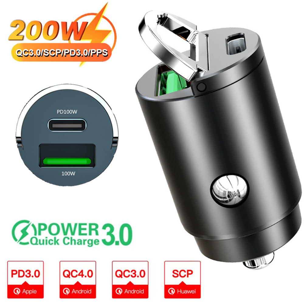 Mini chargeur de voiture 200 W de haute qualité avec fonction de charge rapide pour Apple iPhone 15 14 13 12 11 Pro Max Plus Mini, Android, Xiaomi, Samsung, Huawei | QC 3.0 PD, chargeur de téléphone de voiture USB Type C