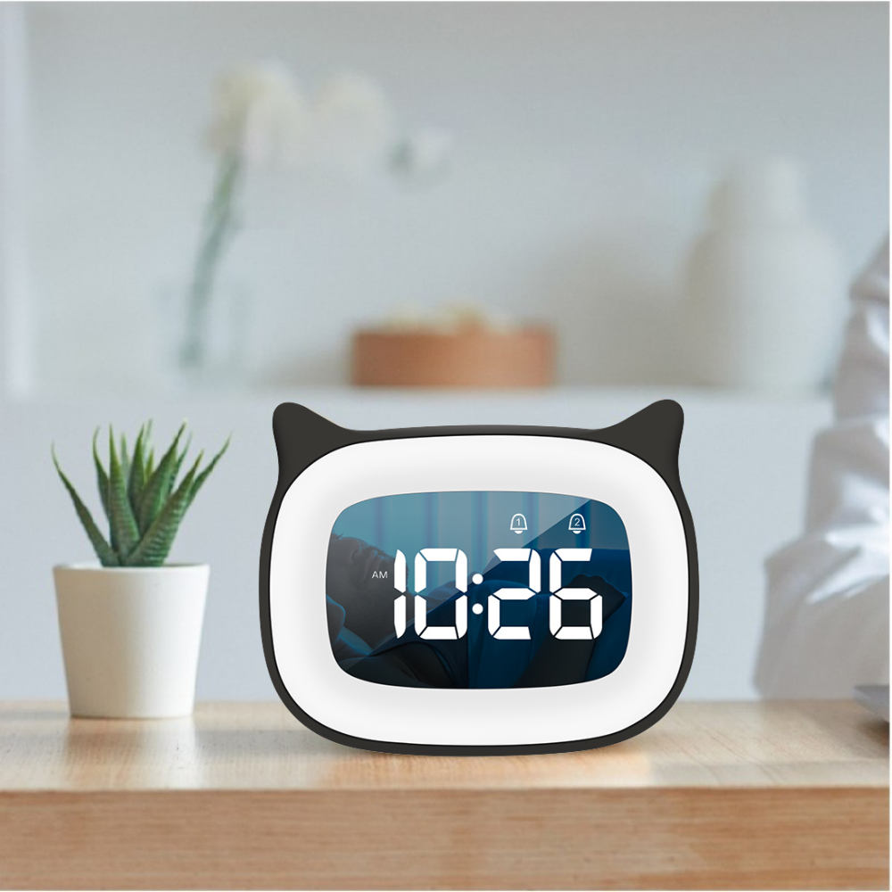 Réveil numérique rechargeable haut de gamme avec motif chat : veilleuse, fonction snooze tactile, affichage permanent, 12/24 h, double alarme, musique, horloge de table LED