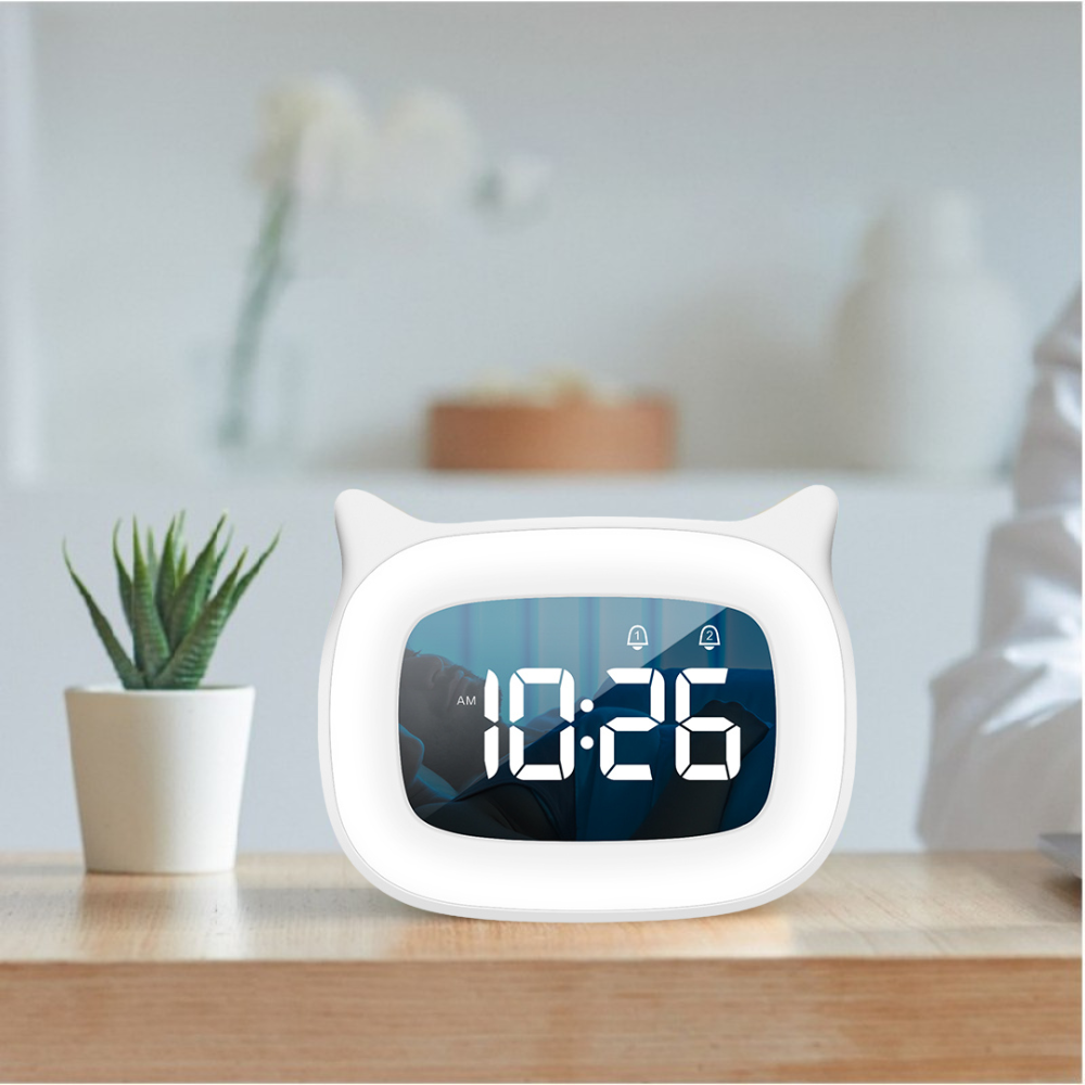 Réveil numérique rechargeable haut de gamme avec motif chat : veilleuse, fonction snooze tactile, affichage permanent, 12/24 h, double alarme, musique, horloge de table LED