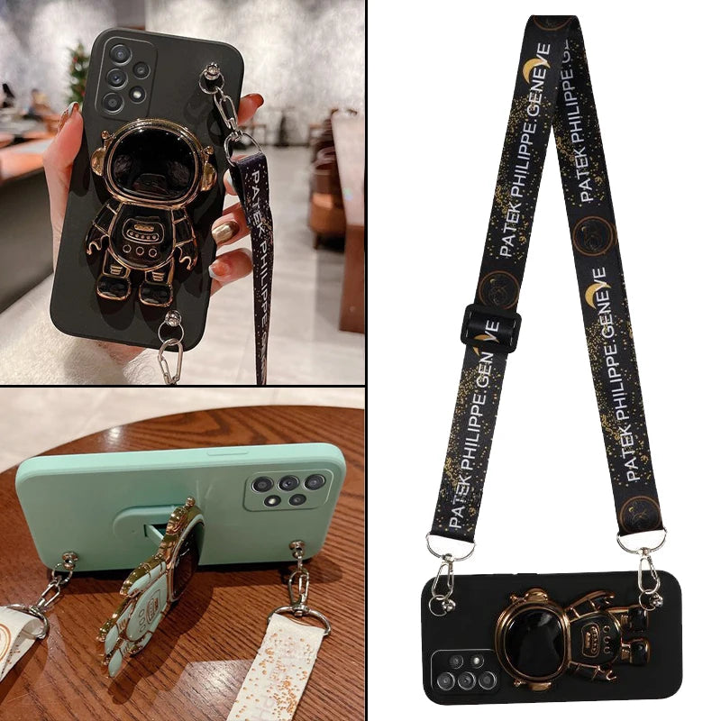 Luxury Crossbody Lanyard Astronaut Phone Holder and Stand iPhone Case | MagSafe Case with 360-Degree Protection and Camera Lens Cover for Apple iPhone 16/15/14/13/12 Pro Max, Plus Mini Cover | Armor Phone Case | Premium Protective Cover