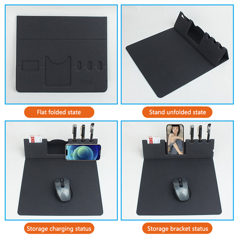 Tapis de souris haut de gamme avec chargeur sans fil Qi pour Apple iPhone 15 14 13 12 11 Pro Max Plus Mini, iOS, Watch, AirPods, Android, Samsung Galaxy, Xiaomi, Huawei : USB-C, support de téléphone portable, PU 2 en 1 Tapis en cuir