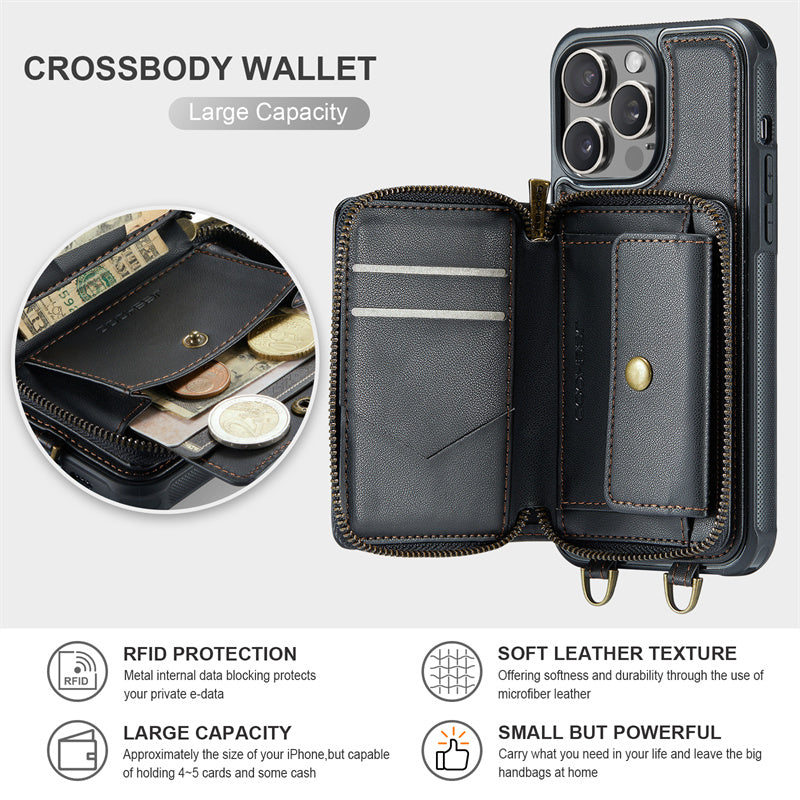 Luxury Leather Wallet Crossbody iPhone Case – Premium MagSafe phone chain & wallet case with card slot, stand function & strap, 360° shockproof protection, slim leather cover, keeps everything organized – perfect for outdoors & workdays