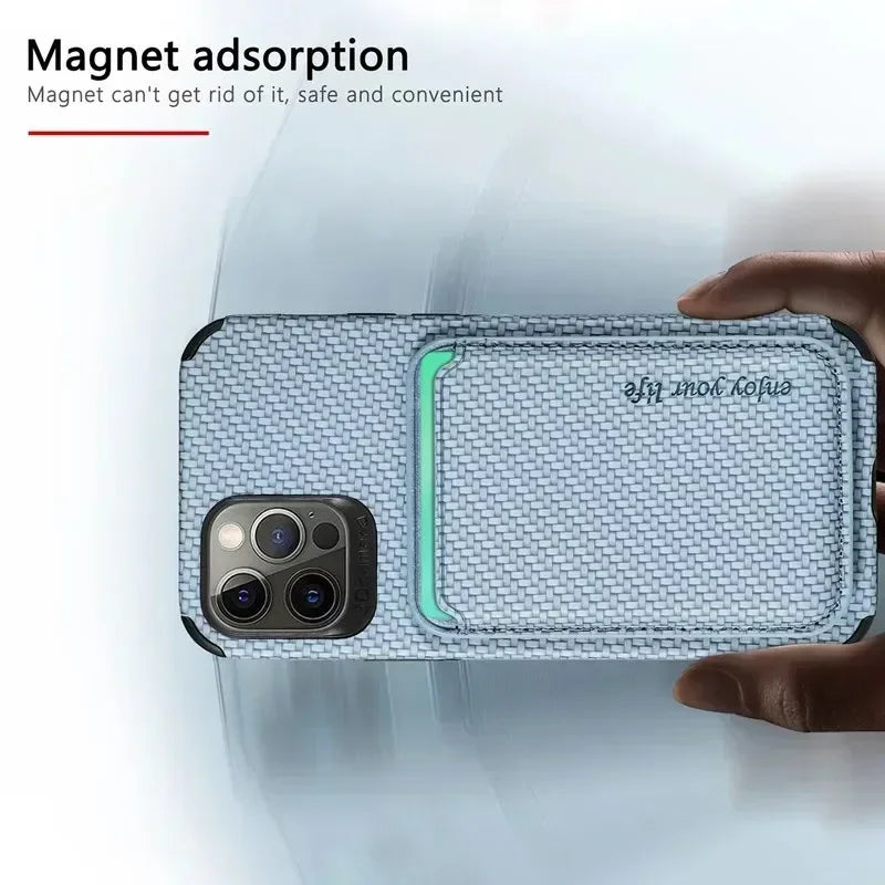 High-Quality Carbon Fiber Magnetic Case with Card Holder iPhone Case | MagSafe Wallet Protective Case, 360-Degree Protection and Camera Lens Cover | Armor Phone Case for Apple iPhone 16/16e, 15, 14, 13, 12 Pro Max, Pro, Plus, Mini Cover | Limited Edition