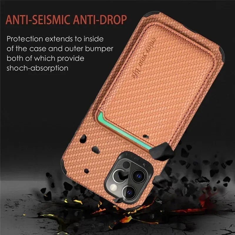 High-Quality Carbon Fiber Magnetic Case with Card Holder iPhone Case | MagSafe Wallet Protective Case, 360-Degree Protection and Camera Lens Cover | Armor Phone Case for Apple iPhone 16/16e, 15, 14, 13, 12 Pro Max, Pro, Plus, Mini Cover | Limited Edition