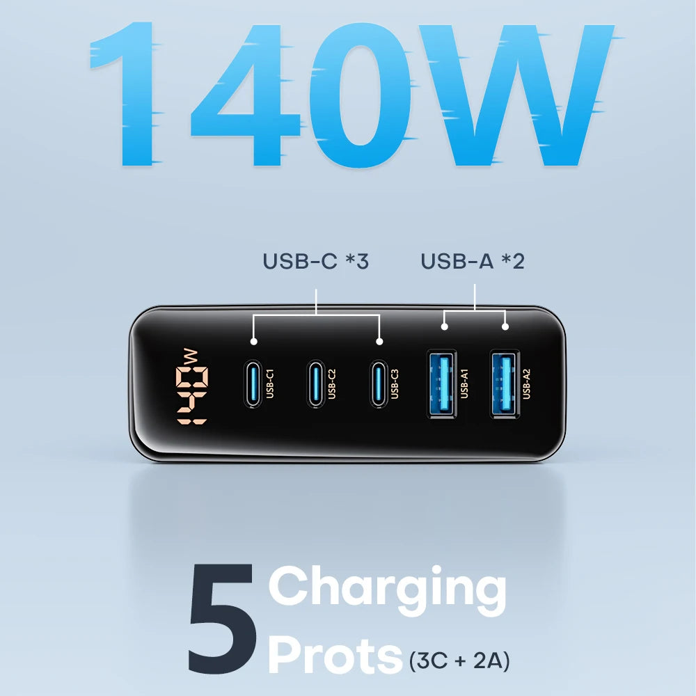 Chargeur rapide GaN 140 W : station de recharge de bureau haut de gamme | Station d'accueil pour station de charge 5 ports USB ASOMETECH | Ordinateur portable, MacBook, iPhone, Samsung