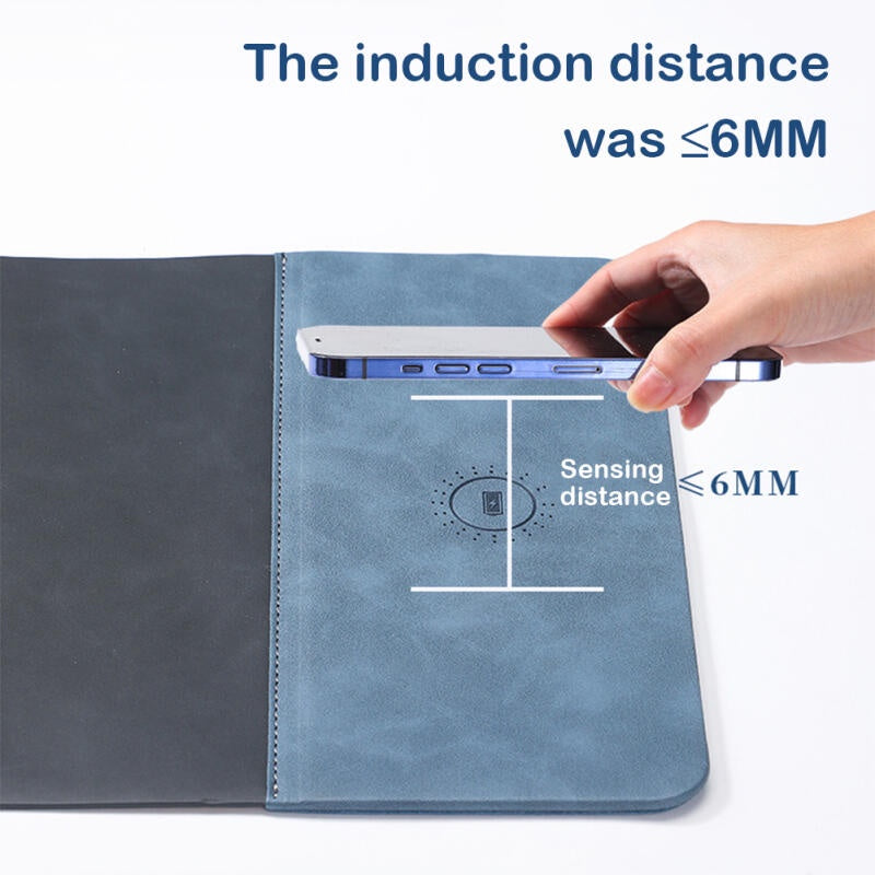 Tapis de souris haut de gamme avec chargeur sans fil Qi pour Apple iPhone 15 14 13 12 11 Pro Max Plus Mini, iOS, Watch, AirPods, Android, Samsung Galaxy, Xiaomi, Huawei : USB-C, support de téléphone portable, PU 2 en 1 Tapis en cuir