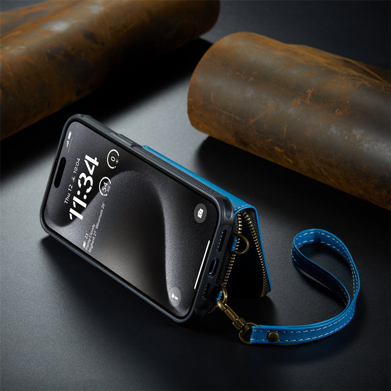 Luxury Leather Wallet Crossbody iPhone Case – Premium MagSafe phone chain & wallet case with card slot, stand function & strap, 360° shockproof protection, slim leather cover, keeps everything organized – perfect for outdoors & workdays