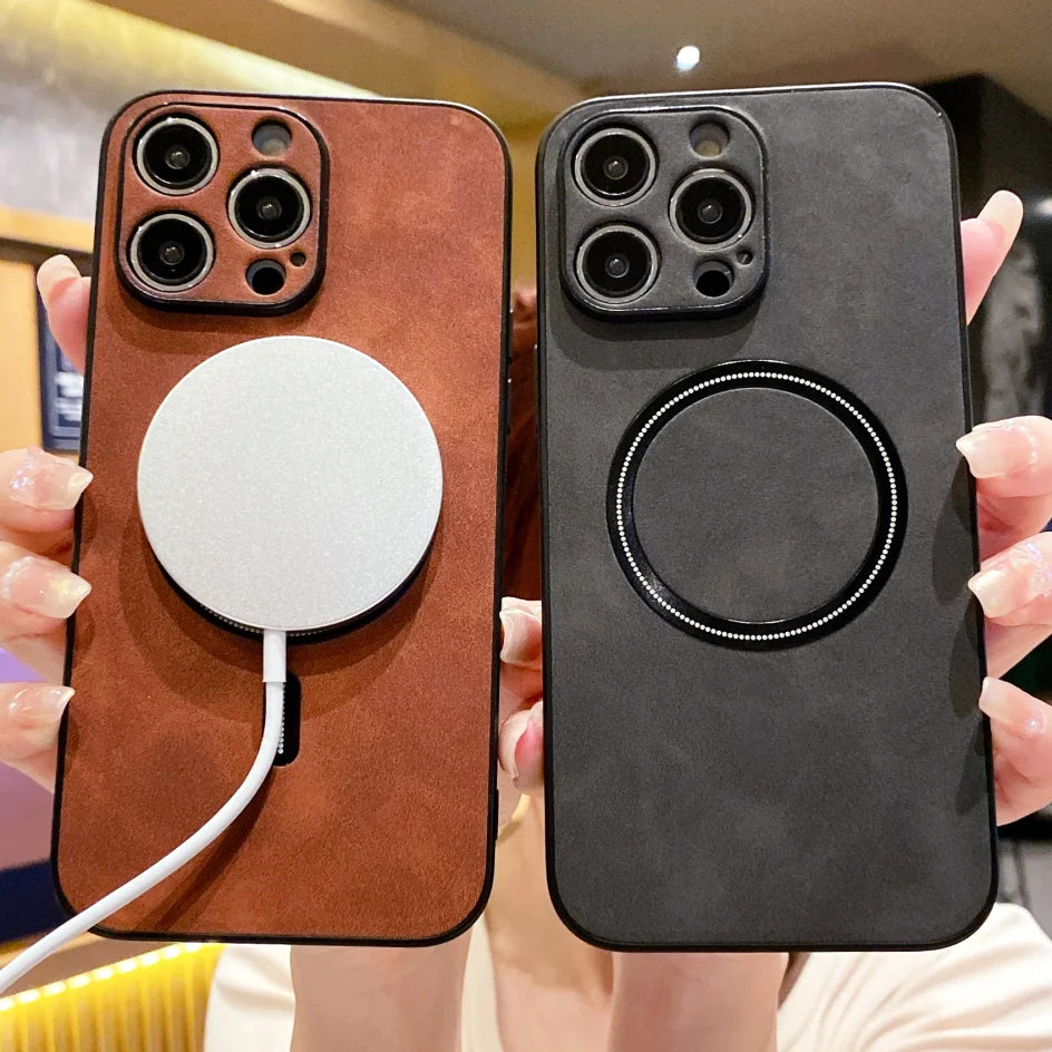 Étui MagSafe en cuir de haute qualité : étui magnétique pour iPhone | Coque antichoc avec housse de protection pour appareil photo - Coque blindée pour Apple iPhone 15/14/13 Pro Max Plus | Coque de téléphone de luxe
