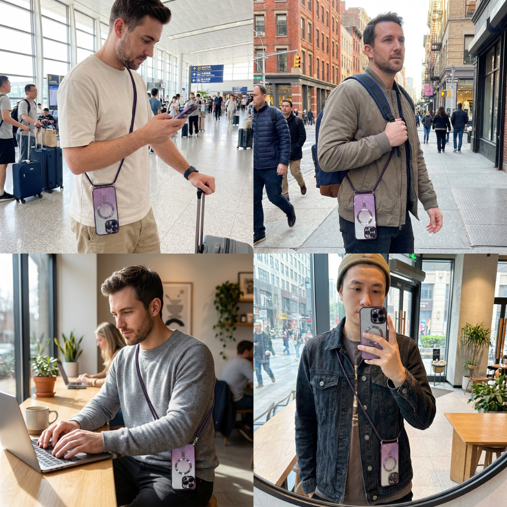 Luxus Crossbody Lanyard Gradient Glitzer Magnetgehäuse iPhone Hülle | MagSafe Case mit Kameralinsenschutzabdeckung für Apple iPhone 17/17 Air/16/16e/15/14/13 Pro Max Plus Cover | Panzertasche, Weiche TPU Plating Handyhülle | Premium Schutzhülle