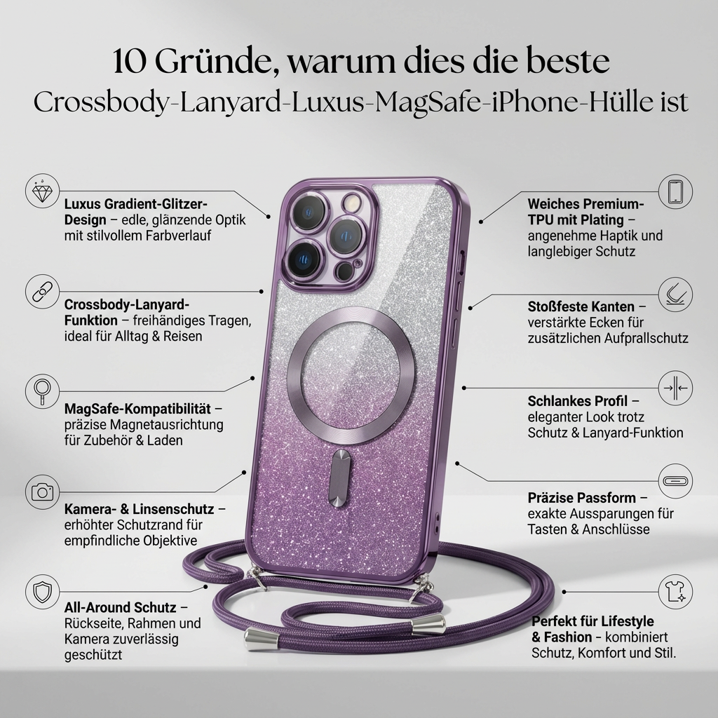 Luxus Crossbody Lanyard Gradient Glitzer Magnetgehäuse iPhone Hülle | MagSafe Case mit Kameralinsenschutzabdeckung für Apple iPhone 17/17 Air/16/16e/15/14/13 Pro Max Plus Cover | Panzertasche, Weiche TPU Plating Handyhülle | Premium Schutzhülle
