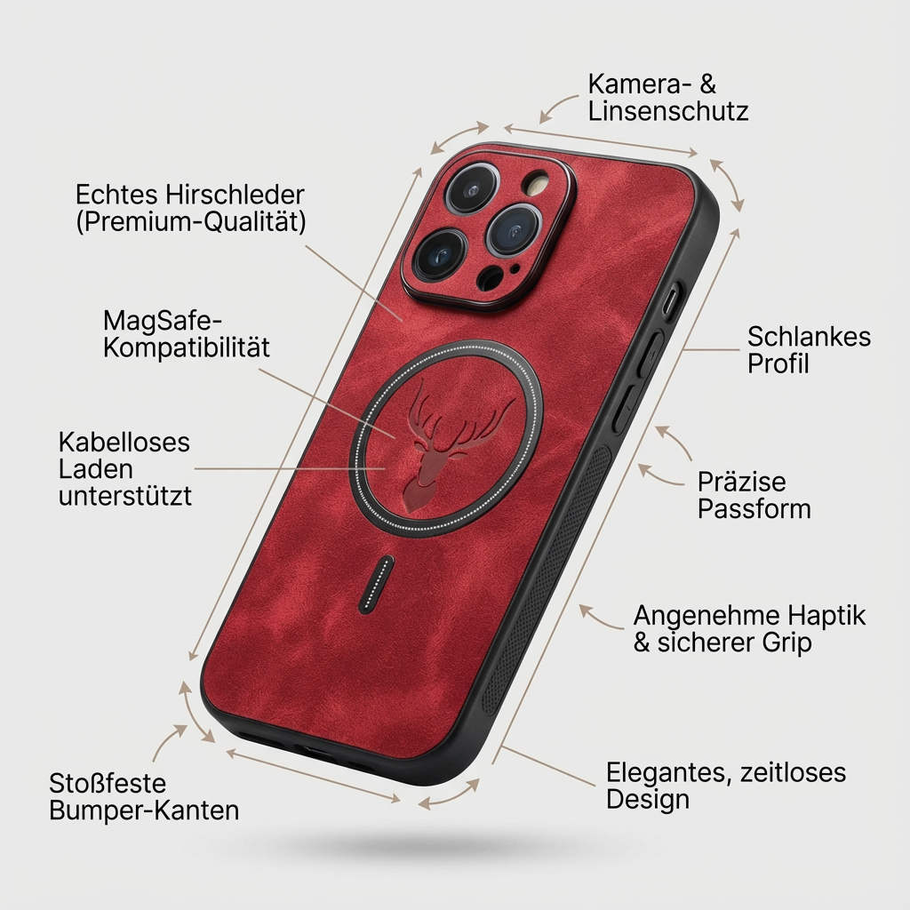 Luxus Hirschleder Apple iPhone Hülle | MagSafe Case mit Kameralinsenschutz, Magnetische Kabellose Stoßfeste Handyschutzhülle | Premium Sturzsicherer Bumper-Cover für iPhone 17/17 Air, 16/16e, 15, 14, 13 Pro Max Plus