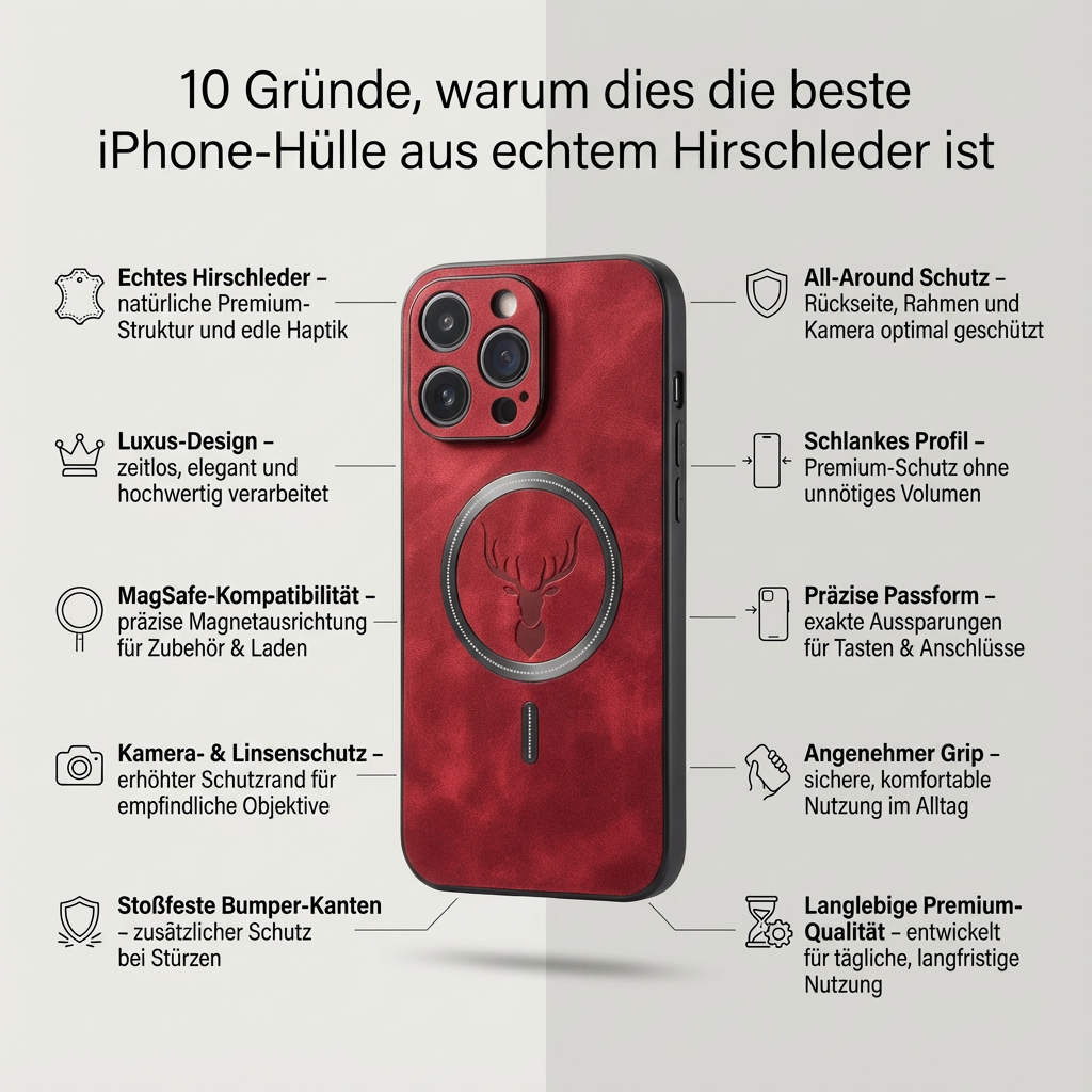 Luxus Hirschleder Apple iPhone Hülle | MagSafe Case mit Kameralinsenschutz, Magnetische Kabellose Stoßfeste Handyschutzhülle | Premium Sturzsicherer Bumper-Cover für iPhone 17/17 Air, 16/16e, 15, 14, 13 Pro Max Plus