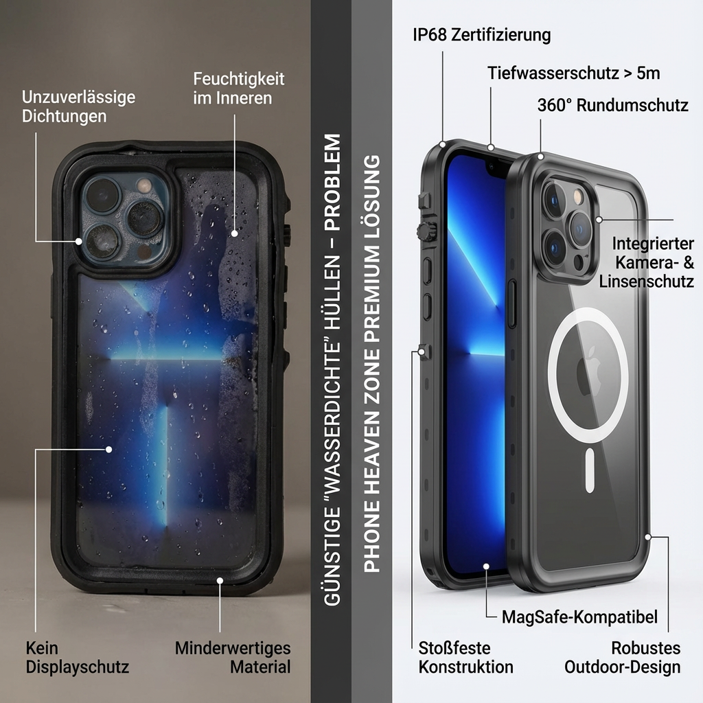 Militärstandard Wasserdichte IP68 iPhone Hülle mit MagSafe: Für Tauchen, Outdoor-Sport & Baustellen | Full Case Armor 360 Grad mit Kamera- und Bildschirmschutz | Stoßfest & Langlebig | Premium Sturzsichere Transparente Panzer-Handyschutzhülle Cover