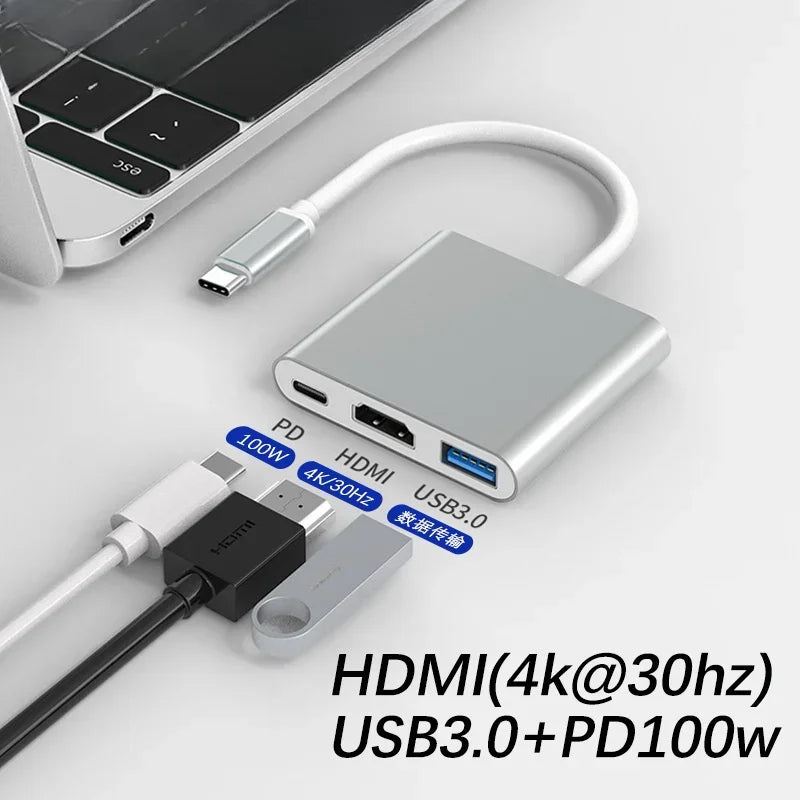 Hub USB-C 3-en-1 : répartiteur Type-C vers HDMI, station d'accueil USB 3.0 de haute qualité pour MacBook Air/Pro, Samsung - Hub USB-C vers HDMI