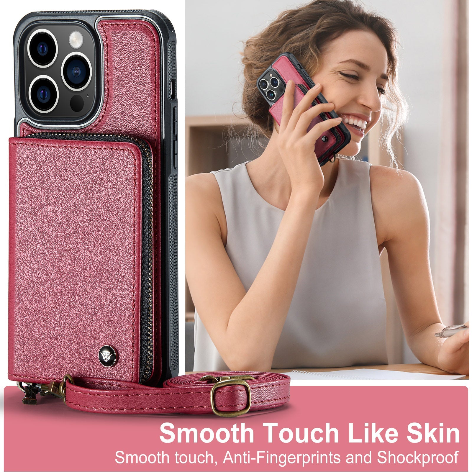 Luxury Leather Wallet Crossbody iPhone Case – Premium MagSafe phone chain & wallet case with card slot, stand function & strap, 360° shockproof protection, slim leather cover, keeps everything organized – perfect for outdoors & workdays