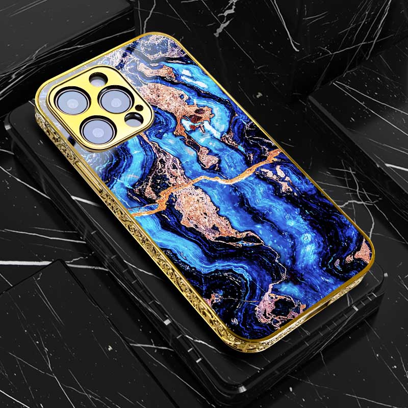 Premium Goldenes Kunst Marmor Design Stoßfeste Gold Hülle | MagSafe, Abdeckung iPhone 15/14/13/12/11 Pro Max | Grünes Blau