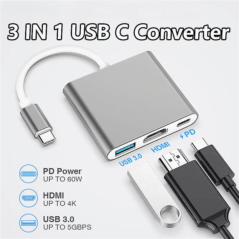 Hub USB-C 3-en-1 : répartiteur Type-C vers HDMI, station d'accueil USB 3.0 de haute qualité pour MacBook Air/Pro, Samsung - Hub USB-C vers HDMI