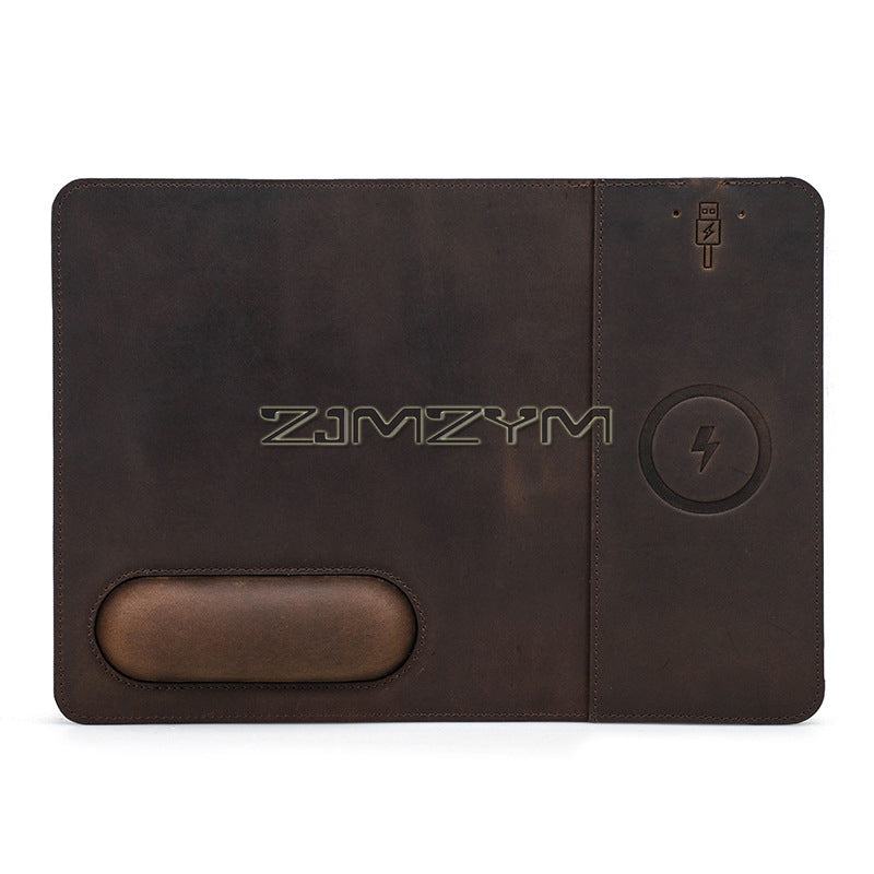 Tapis de souris haut de gamme avec chargeur sans fil Qi pour Apple iPhone 15 14 13 12 11 Pro Max Plus Mini, iOS, Watch, AirPods, Android, Samsung Galaxy, Xiaomi, Huawei : USB-C, support de téléphone portable, PU 2 en 1 Tapis en cuir