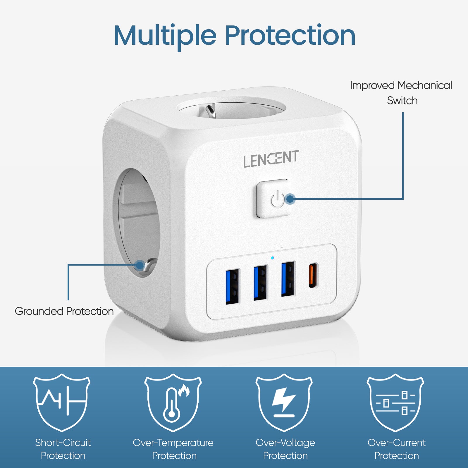 Multiprise premium : 4 prises AC, 3 ports USB, 1 multiprise Type-C avec câble tressé 2m/3m et interrupteur pour la maison