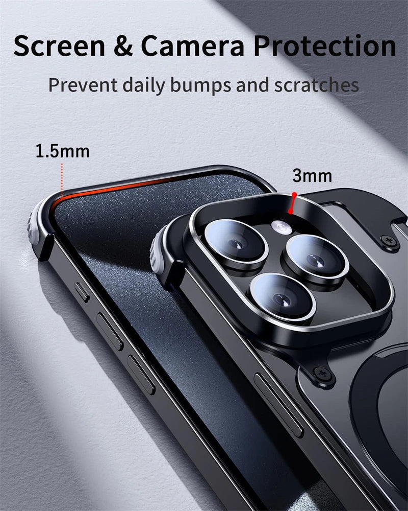 Premium Ultra-Thin Magnetic Frameless Matte Metal Aluminum Stand iPhone Case | MagSafe Case with 360-Degree Protection & Camera Lens Cover for Apple iPhone 16/15/14/13/12 Pro Max, Pro, Plus, e & Mini Cover | Shockproof Armor Case & Bumper Protective Cover