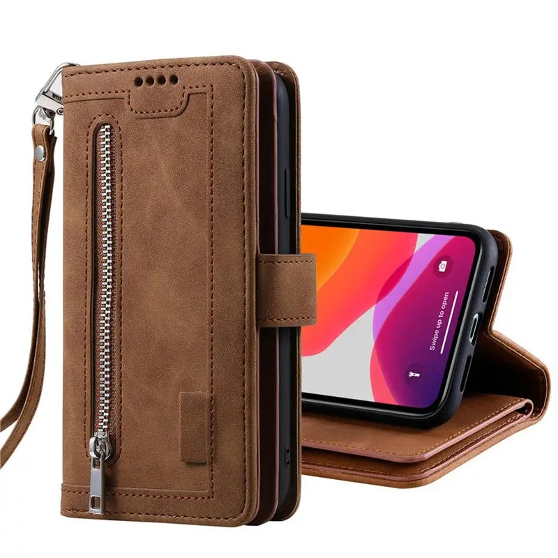 <tc>Étui de téléphone en cuir de haute qualité avec fermeture éclair, porte-cartes, support et sangle | Étui à rabat pour Apple iPhone 16/16e, 15/14/13/12 Pro Max Plus Mini - étui de protection polyvalent</tc>