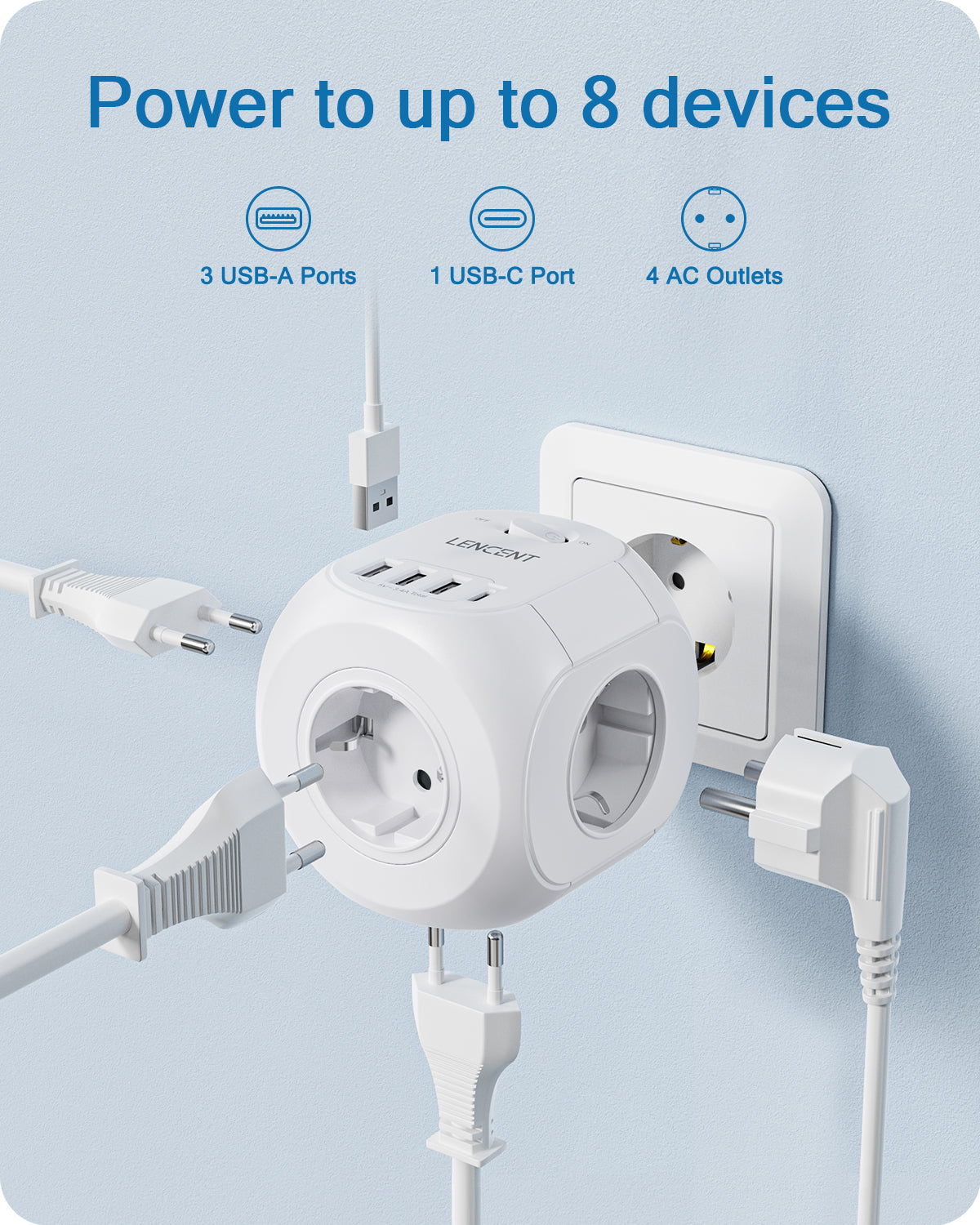 Multiprise premium : 4 prises AC, 3 ports USB, 1 multiprise Type-C avec câble tressé 2m/3m et interrupteur pour la maison