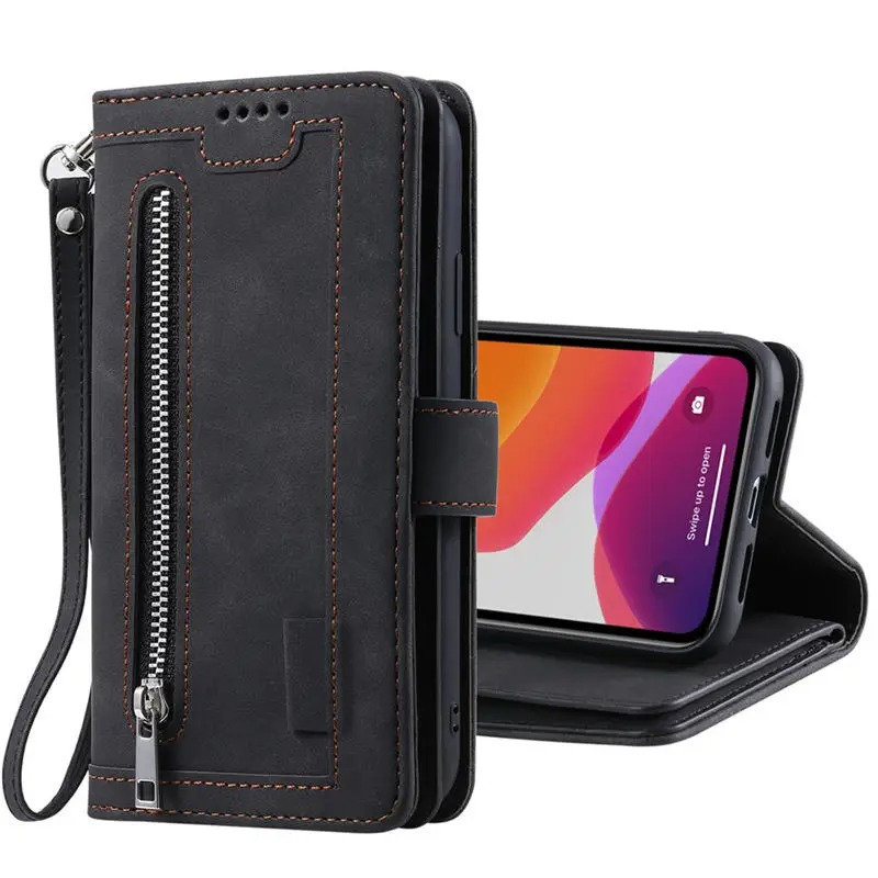 <tc>Étui de téléphone en cuir de haute qualité avec fermeture éclair, porte-cartes, support et sangle | Étui à rabat pour Apple iPhone 16/16e, 15/14/13/12 Pro Max Plus Mini - étui de protection polyvalent</tc>