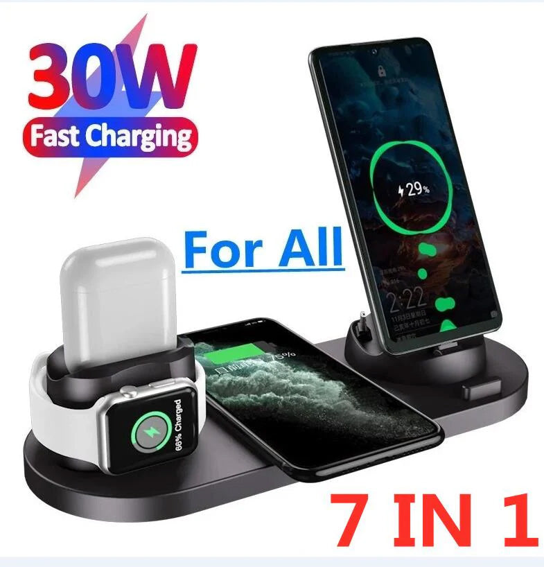 Station de charge 7 en 1 Chargeur sans fil rapide | Station de recharge rapide Apple iPhone, Watch, AirPods, Samsung, Android station de recharge chargeur rapide