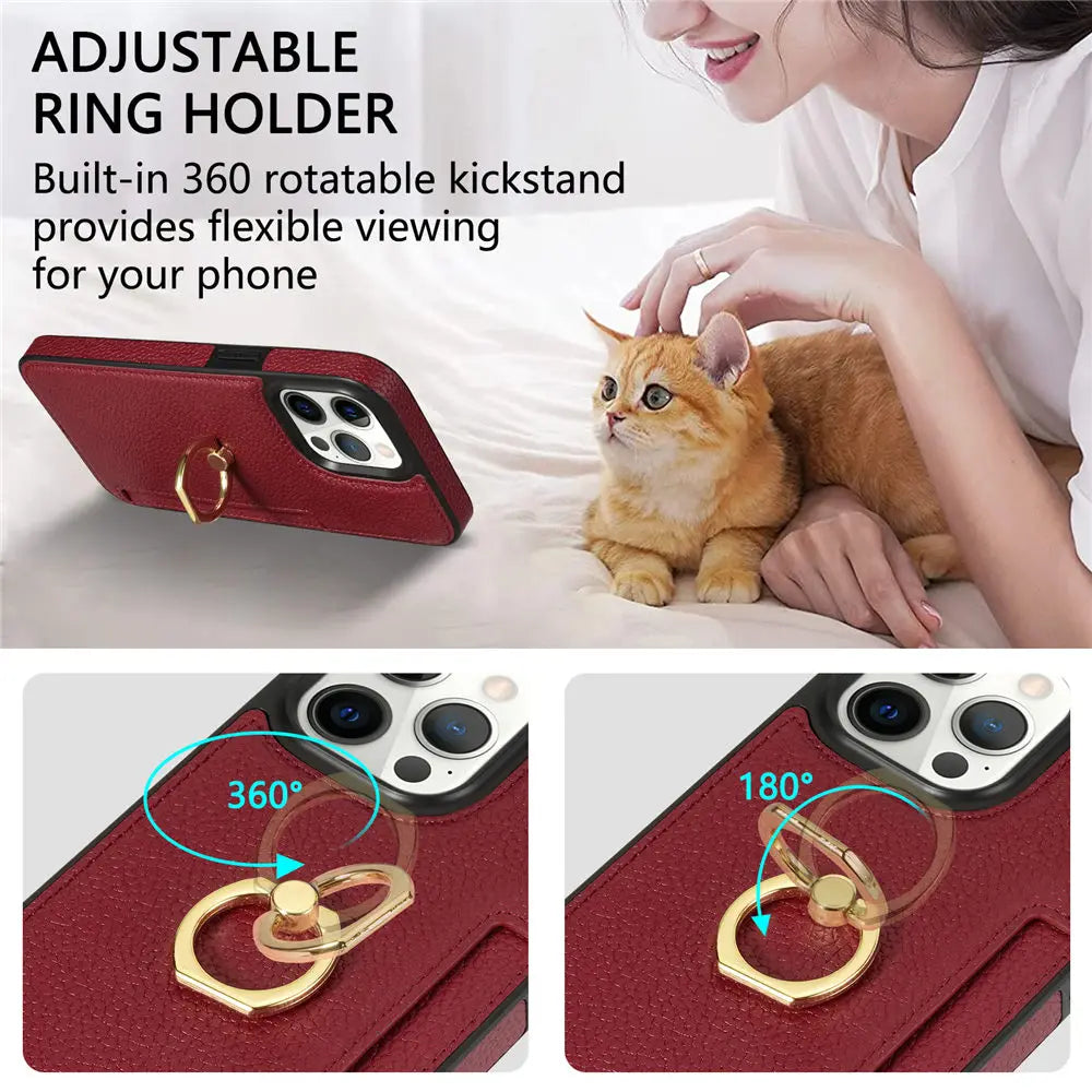 Premium Leather Wallet Case with Card Slot, Ring Holder, and Stand for iPhone | MagSafe Case with Full Protection and Camera Lens Cover for Apple iPhone 16/16e, 15, 14, 13, 12 Pro Max, Pro, Plus & Mini | Heavy Duty, Premium Wallet & Protective Case