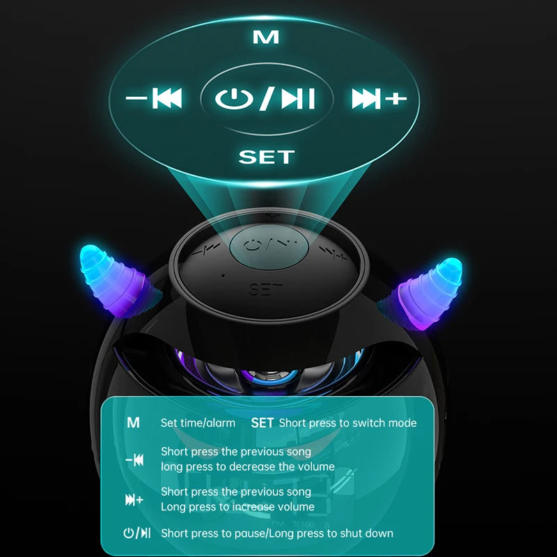 Mini haut-parleur Réveil Bluetooth avec horloge | Conception petit diable, réveil, mini caisson de basses audio, carte