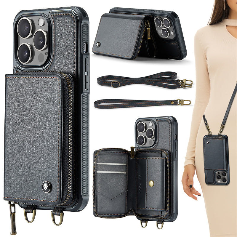 Luxury Leather Wallet Crossbody iPhone Case – Premium MagSafe phone chain & wallet case with card slot, stand function & strap, 360° shockproof protection, slim leather cover, keeps everything organized – perfect for outdoors & workdays