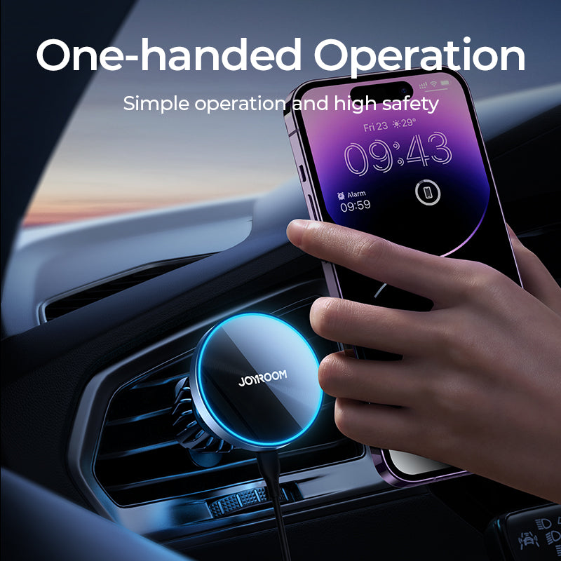 Chargeur sans fil de voiture haut de gamme et support de téléphone de voiture magnétique MagSafe pour Apple iPhone 15, 14, 13, 12, 11 Pro Max Plus Mini - Support de téléphone de voiture à lumière bleue