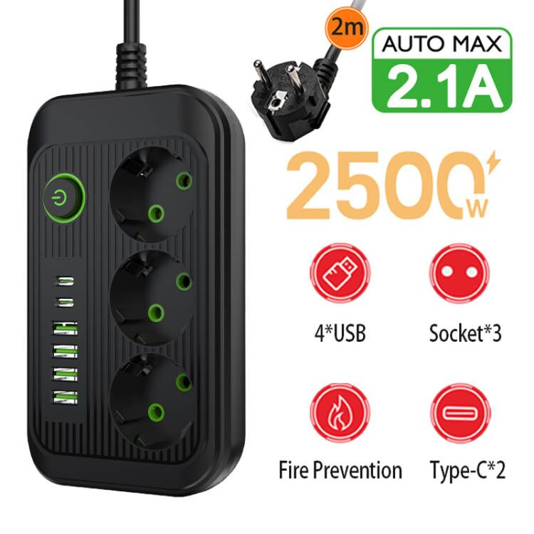 Steckdosenleiste 2 m Verlängerungskabel Multiprise 3 AC-Steckdosen mit 4 USB 1 Typ-C | Premium-Netzwerkfilter und Ladegerät