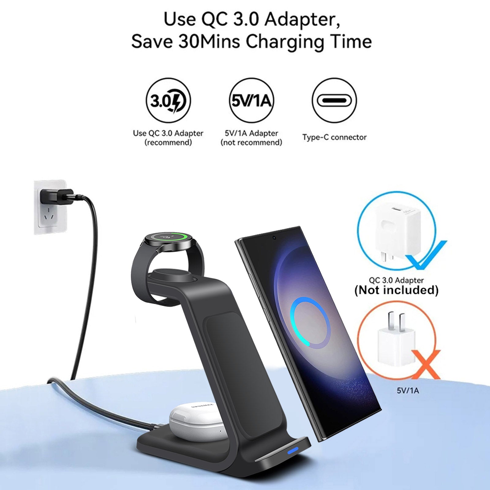 3-in-1 Wireless Charging Station Smartphones, Apple iPhone, Samsung, iOS & Android Watch, AirPods Charger | Magnetic Fast Charging Docking Station 20W Wireless Charging Stand