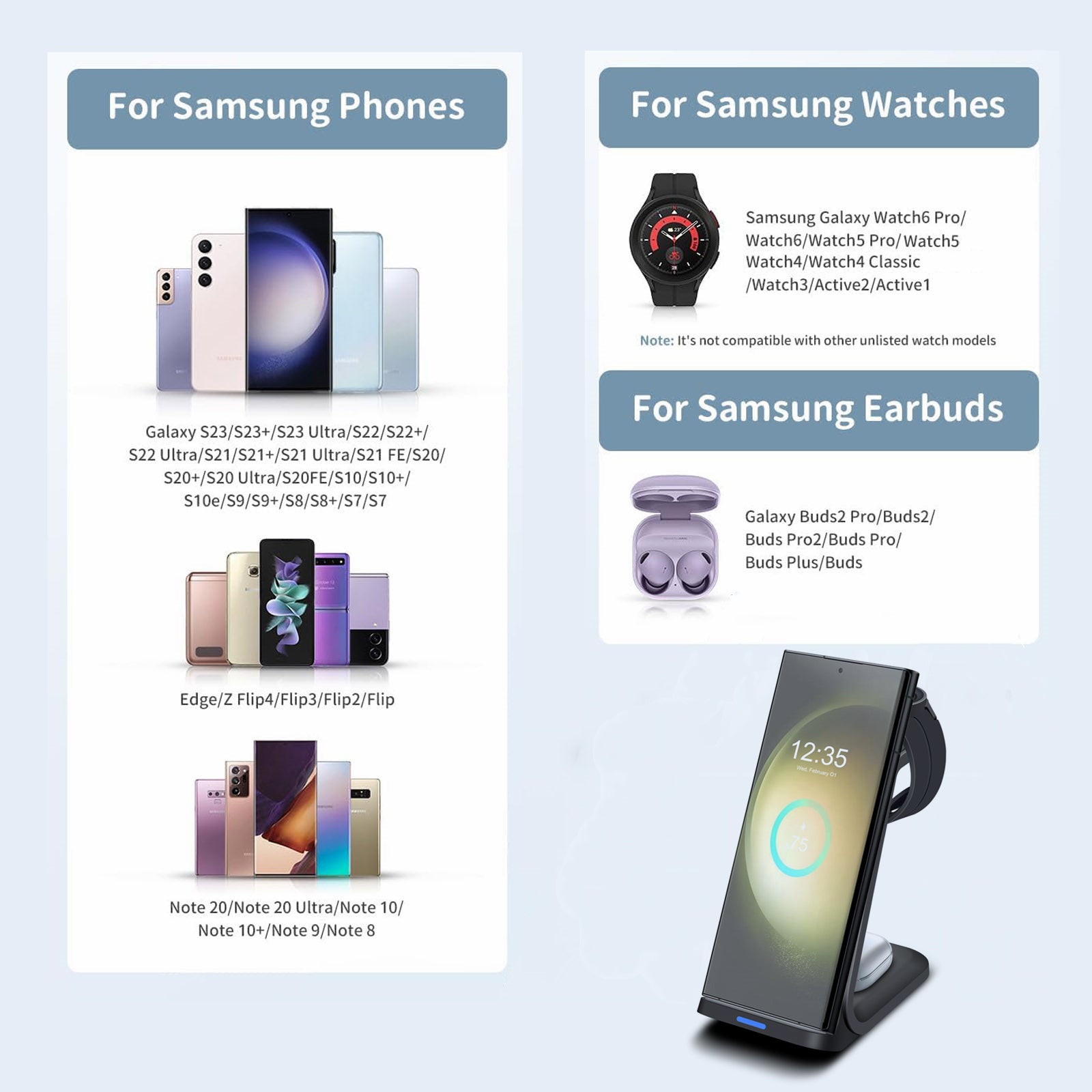 3-in-1 Wireless Charging Station Smartphones, Apple iPhone, Samsung, iOS & Android Watch, AirPods Charger | Magnetic Fast Charging Docking Station 20W Wireless Charging Stand