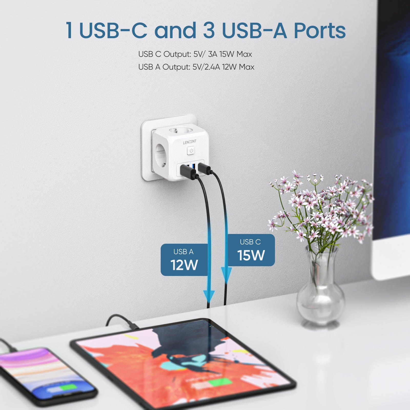 Multiprise premium : 4 prises AC, 3 ports USB, 1 multiprise Type-C avec câble tressé 2m/3m et interrupteur pour la maison