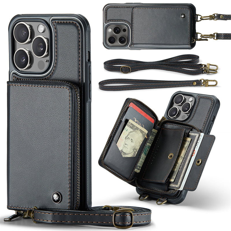 Luxury Leather Wallet Crossbody iPhone Case – Premium MagSafe phone chain & wallet case with card slot, stand function & strap, 360° shockproof protection, slim leather cover, keeps everything organized – perfect for outdoors & workdays