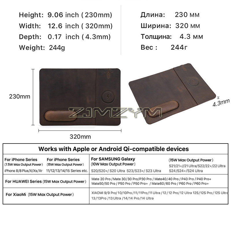 Tapis de souris haut de gamme avec chargeur sans fil Qi pour Apple iPhone 15 14 13 12 11 Pro Max Plus Mini, iOS, Watch, AirPods, Android, Samsung Galaxy, Xiaomi, Huawei : USB-C, support de téléphone portable, PU 2 en 1 Tapis en cuir